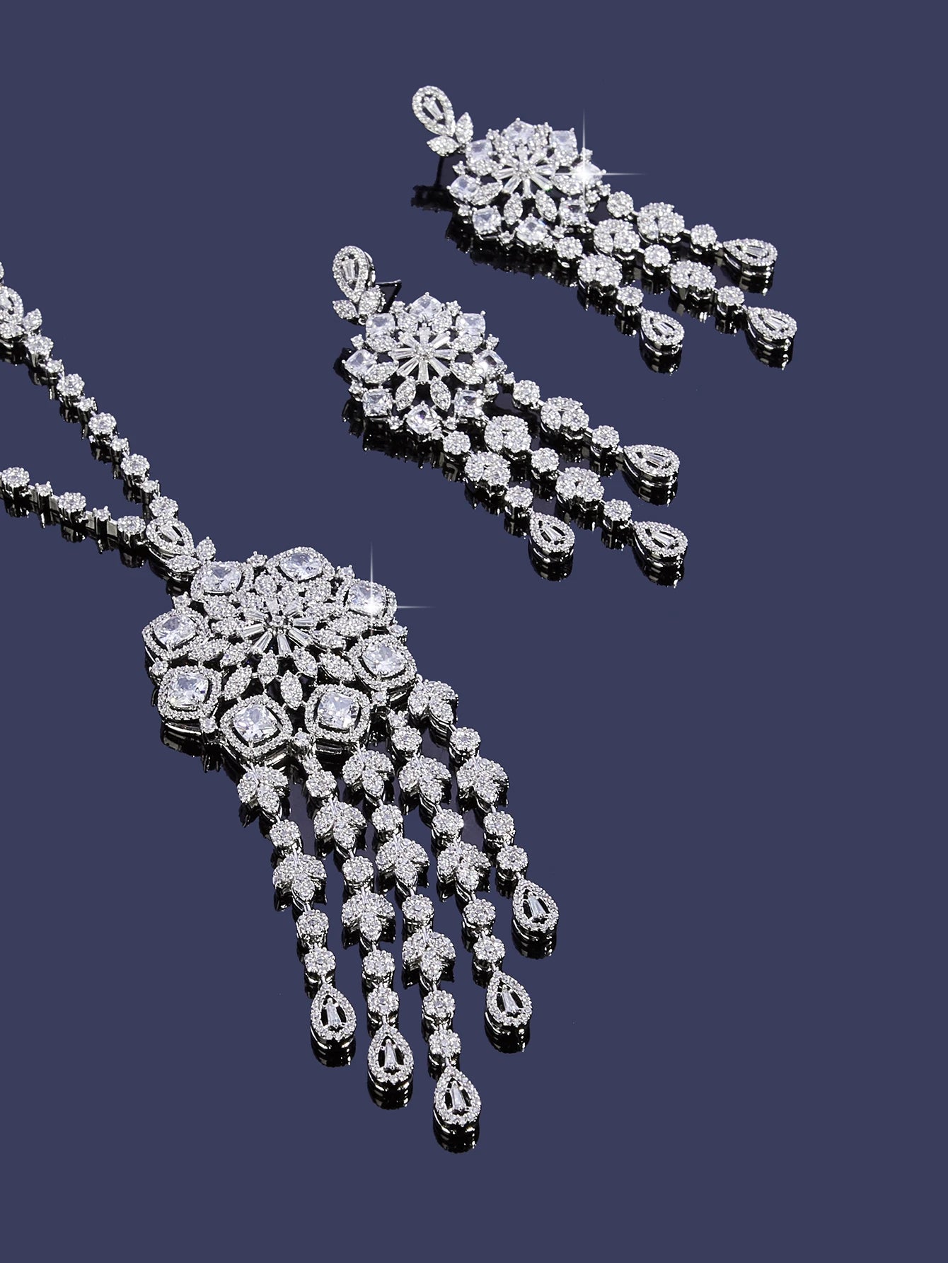 Luxury Geometric Water Drop Long Necklace Earrings Ring Sets For Women Cubic Zirconia CZ African Dubai Bridal Jewelry