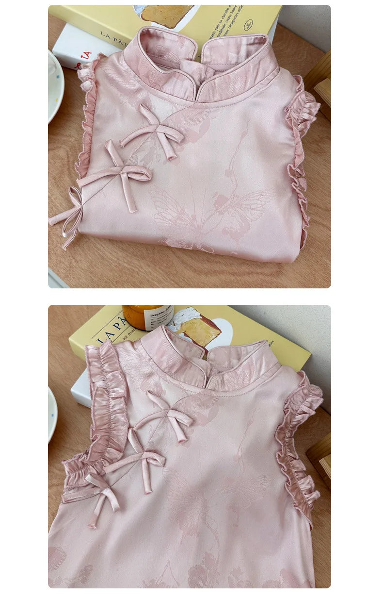 Vestido de princesa rosa estilo chinês retrô Qipao sem mangas para meninas de 2 a 10 anos Vestido 2026 Novo verão Roupas para o Dia das Crianças 6.1
