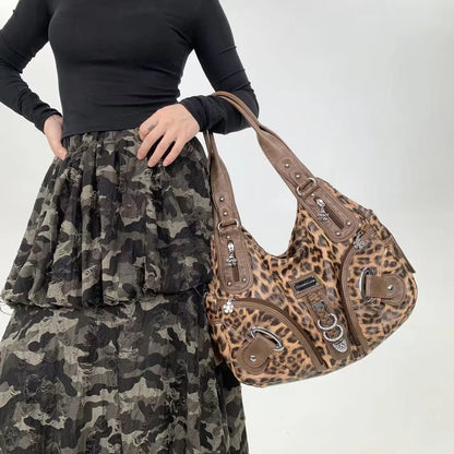 Y2K vintage hot girl personality leopard print shoulder bag with multiple compartments, Maillard crossbody handbag