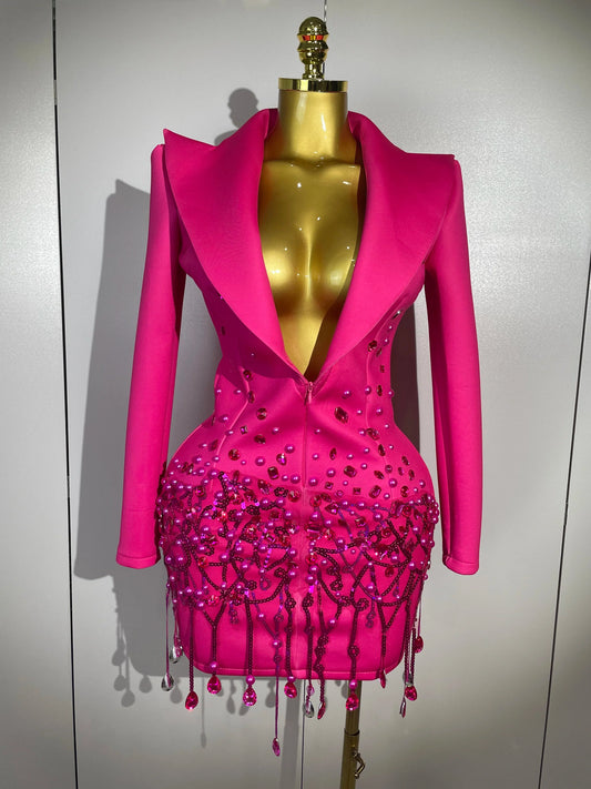 Crystal Chains Pearls Long Sleeve Mini Dress 2025 Women Birthday Evening Party Nightclub Outfit Singer Wedding Costume