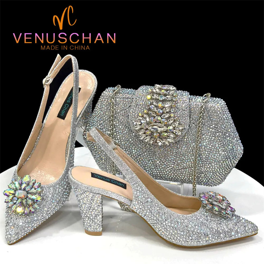 INS Style Green Party Shoe and Bag Set in Women Pointed-Toe Rhinestone High Heels Elegant African Ladies Shoes
