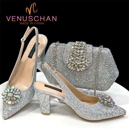 INS Style Green Party Shoe and Bag Set in Women Pointed-Toe Rhinestone High Heels Elegant African Ladies Shoes