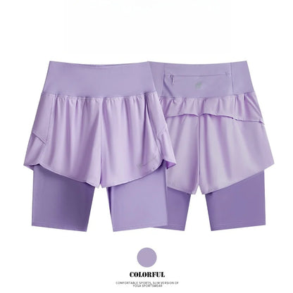 Yoga Shorts Women Summer Fake Two Piece High Waist Loose Gym Shorts With Pocket Ladies Lightweight Fitness Running Clothes