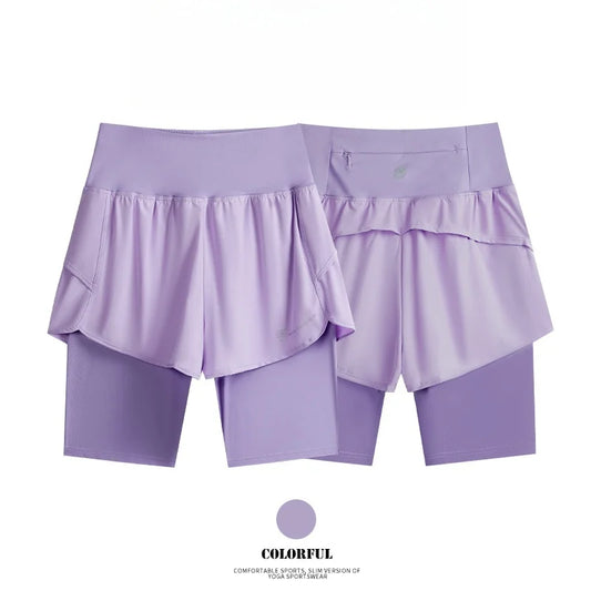 Yoga Shorts Women Summer Fake Two Piece High Waist Loose Gym Shorts With Pocket Ladies Lightweight Fitness Running Clothes