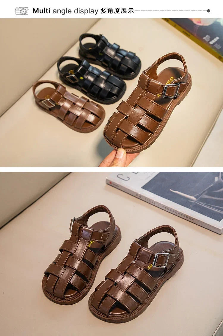 Children Hollow Out Shoes Boys Girls Roman Shoes British Style Non-slip Fashion Kids Toes Capped Shoes Peep Toe Solid Color