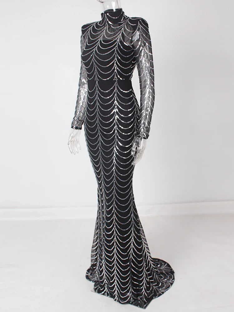 Vestido Formal Longo de Festa com Lantejoulas, Manga Comprida, Gola O Alta, Ombreiras, Forro Comprido, Vestido de Noite para Festa