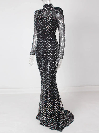 Vestido Formal Longo de Festa com Lantejoulas, Manga Comprida, Gola O Alta, Ombreiras, Forro Comprido, Vestido de Noite para Festa