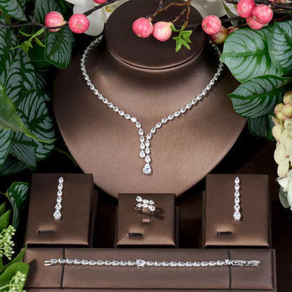 Simple CZ Ladies Jewelry Sets Water Drop Cubic Zirconia Crystal Tassel Earrings and Necklace Set for Women Gifts N-1149