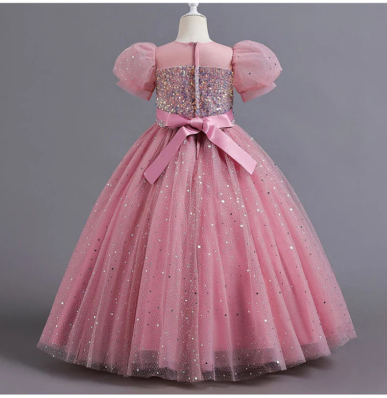 Children's Dress Girls' Princess Sequin Bubble Sleeve Long Mesh Flower Little Girl Wedding For Summer