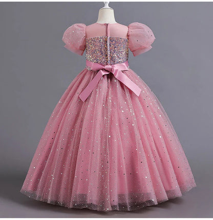 Children's Dress Girls' Princess Sequin Bubble Sleeve Long Mesh Flower Little Girl Wedding For Summer