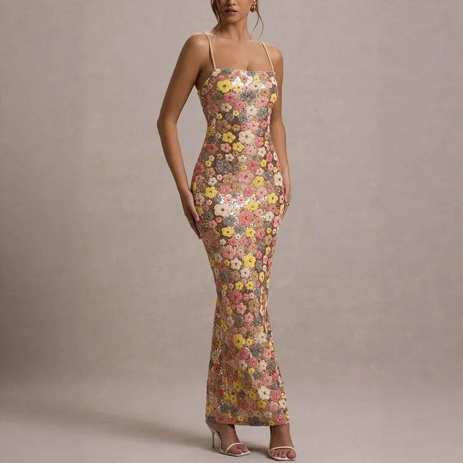 Women Flowers Sequin Patchwork Slim Party Long Dress Strapless Fashion Maxi Dress, Sexy Sleeveless Ladies Dress Vestidos