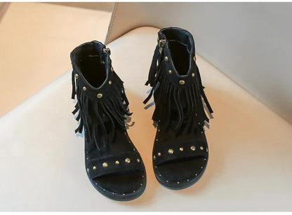 One-strap Summer Roman Shoes for Girls Tassel Rivets High-top Sandals Little Girl Soft Sole Bohemian Dress Shoes Child I06133