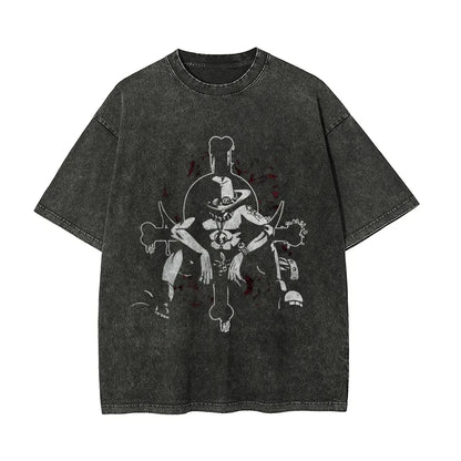 Anime Retro Washed Printed T-shirt for Men and Women 2025 Popular Summer Street Casual Short-sleeved Crew Neck Top