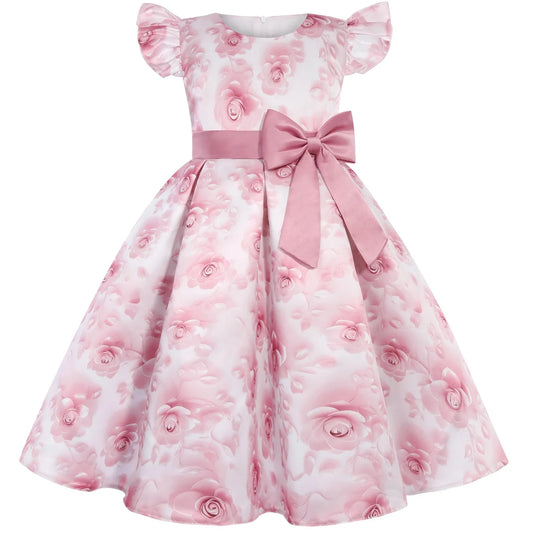 2026 summer new dress Europe and the United States small fly sleeve printed dress little girl host high-end performance clothing