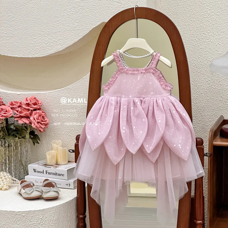 Girls Dress 2025 Summer New Flower Fairy Princess Strap Dress Super Fairy Children Birthday Princess Dress