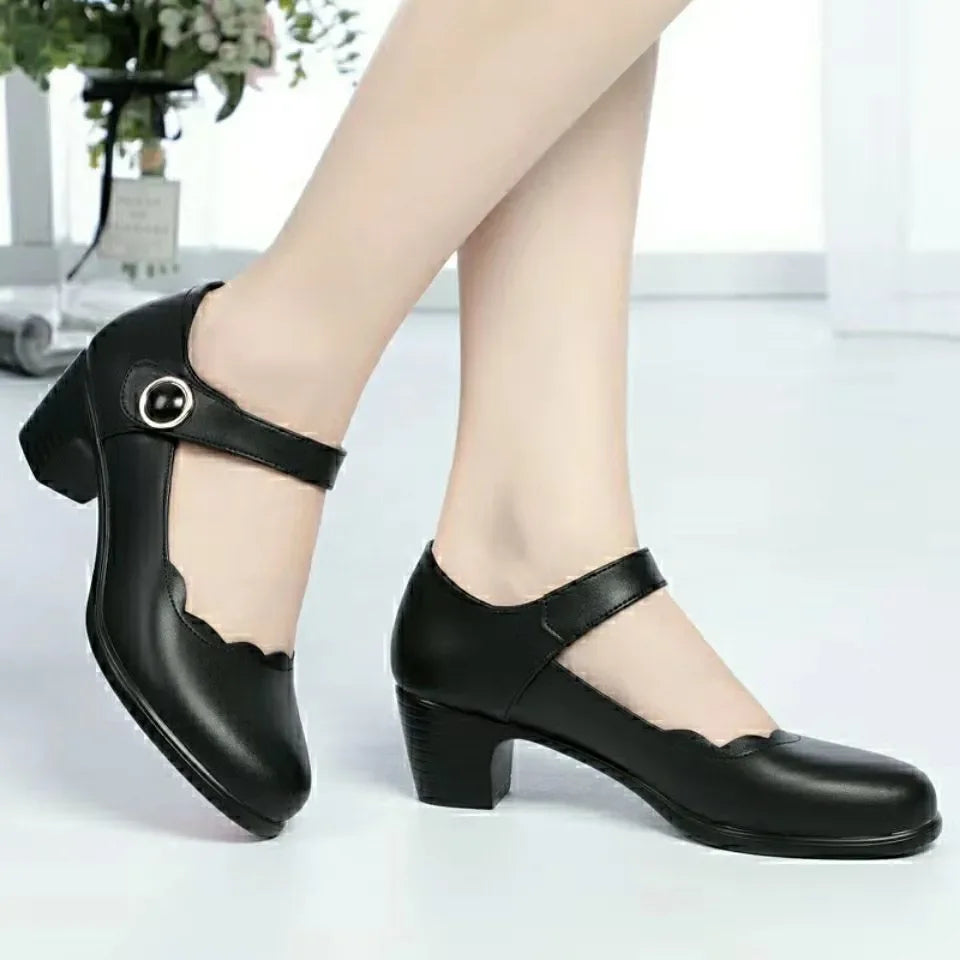 women fashion round toe buckle strap patent leather office high heel shoes lady classic wine red shoes  ba05