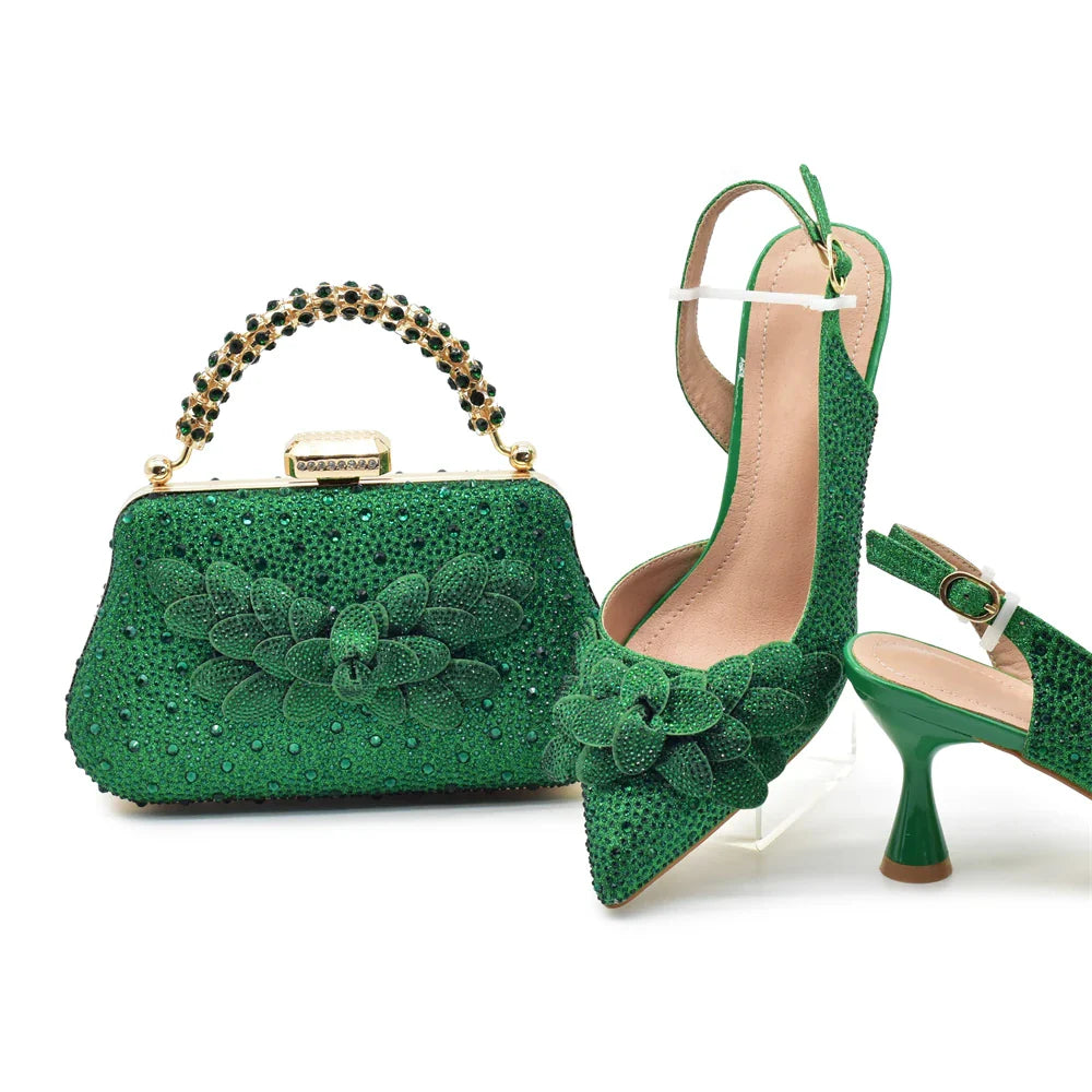 2026 Nigerian Style Rhinestone Medium Heeled Sandals for Women Fashion Wedding Party Shoes and Bags Set with Rhinestone