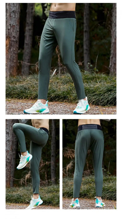 Lightweight Quick Dry Ice Silk Marathon Running Pants with Around waist Pack Breathable Workout Fitness Jogging Sport Trousers