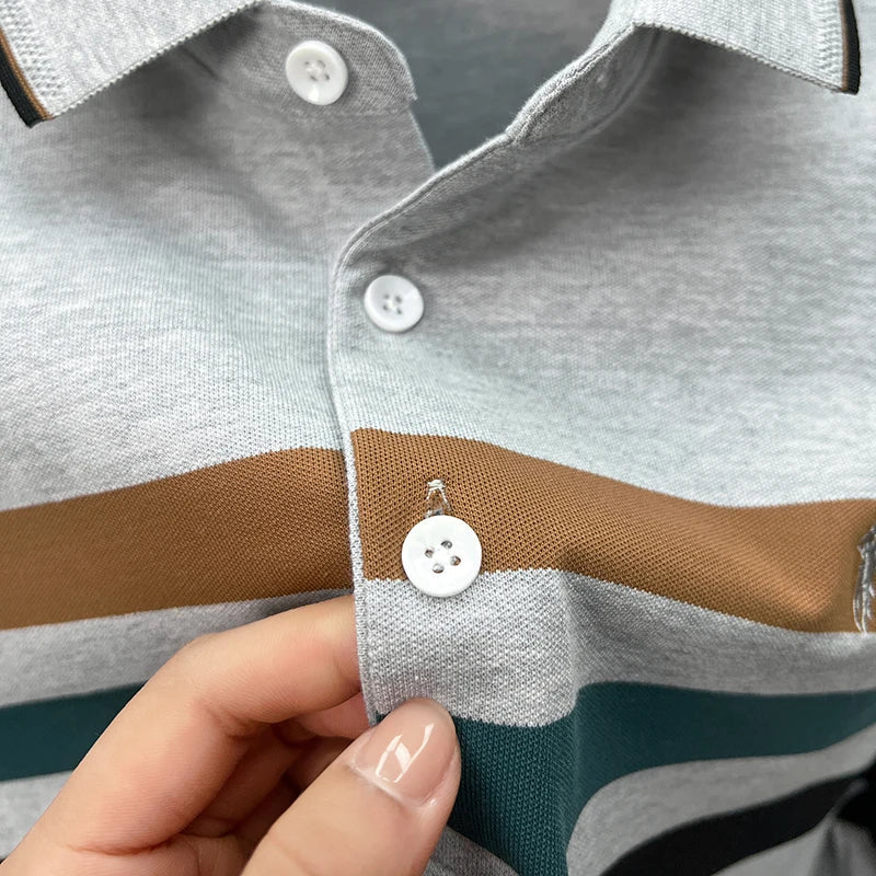 Boutique cotton short sleeve men's polo shirt 2025 summer fashion striped high-end flip collar top casual youth business T-shirt