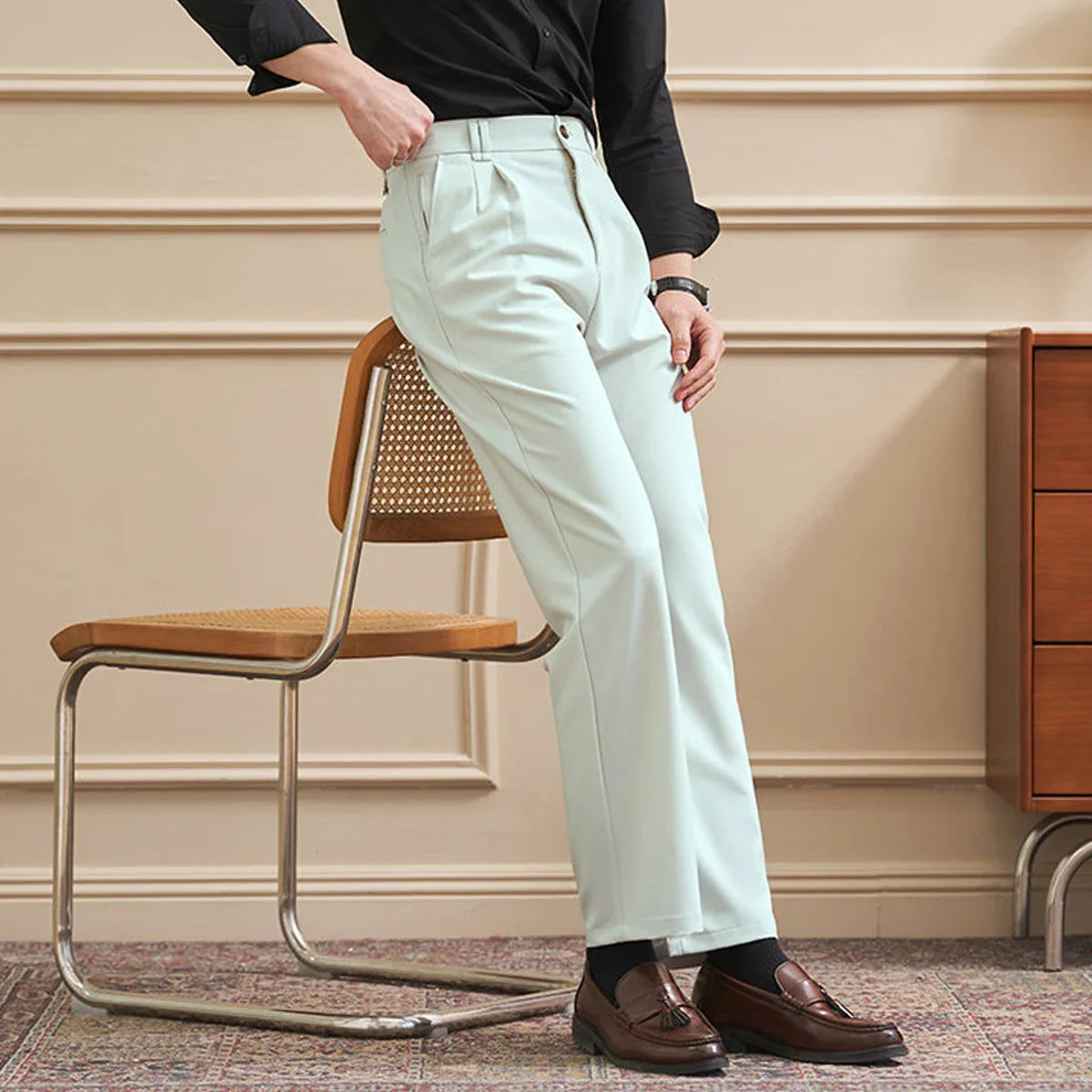 Men‘s Slim-Straight Fit Trousers for Spring & Summer Slim Fit Daily Work Trousers, Solid Color Street Suit Trousers
