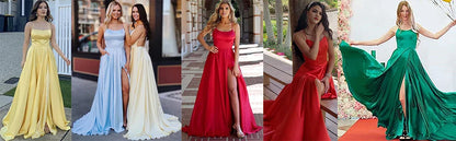 Women Sexy Prom Dresses Lace-Up Spaghetti Straps Backless Sling Evening Dress Satin A-Line High Split Maxi Train Party Gowns