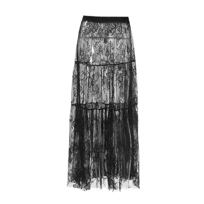 Lace Jacquard Transperant Skirt Women Summer New High Waist Sexy Casual Long Skirts Streetwear Fashion Black Maxi Skirt