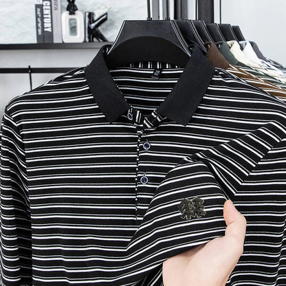 Men's Striped Long Sleeved T-shirt Polo Shirt Button Up Men's Stand Up Collar, Winter Double-sided German Velvet Base Shirt