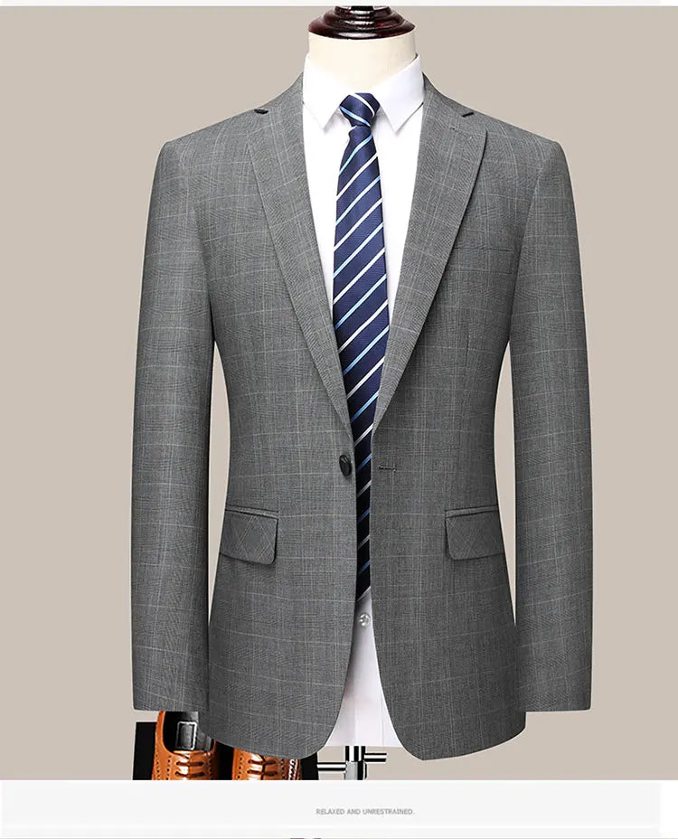Suits (blazer+ Pants) Men Fashion Business Casual Solid Color Korean Version Slim-fit Plaid Gentleman Wedding Work S-5XL