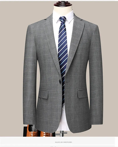 Suits (blazer+ Pants) Men Fashion Business Casual Solid Color Korean Version Slim-fit Plaid Gentleman Wedding Work S-5XL