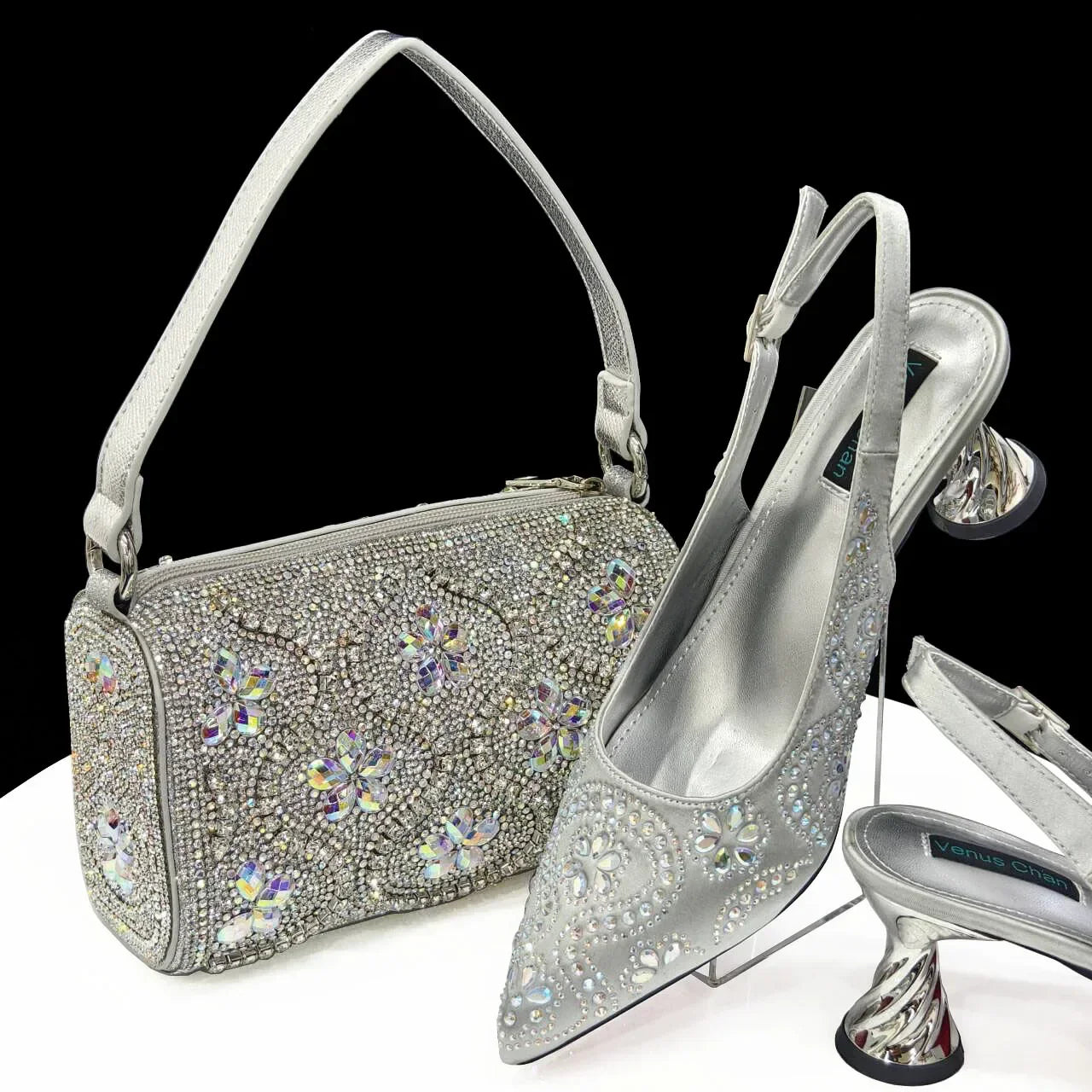 Elegant Rhinestone Pointed-Toe Pumps With Matching Bag Set Large Capacity Bag for Women's Party High Heels
