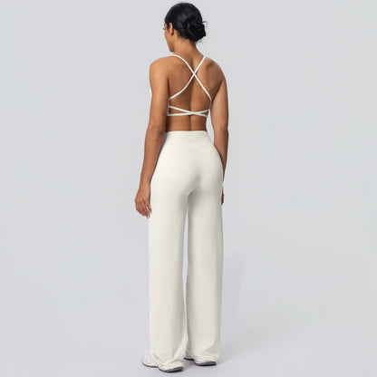 Women Gym Sports Yoga Suit Sexy Beautiful Back Yoga Underwear With Chest Pad Solid Color High Waisted Wide Leg Pants Yoga Set