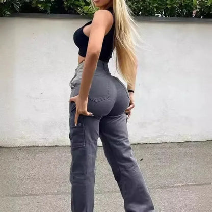 High Elasticity Solid Color Casual Multi Pocket Workwear Jeans for Women