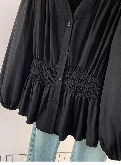 2026 V-neck Long Sleeved Plus Size Shirt Loose Pleated Ruffle Oversized Tops Ladies Chic Elegant Solid Versatile Blouse