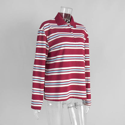 Autumn Casual Stripes Contrast Long-sleeved T-shirt Women Button Lapel Polo Shirt Tshirts New Streetwear Retro Chic Tops 2025