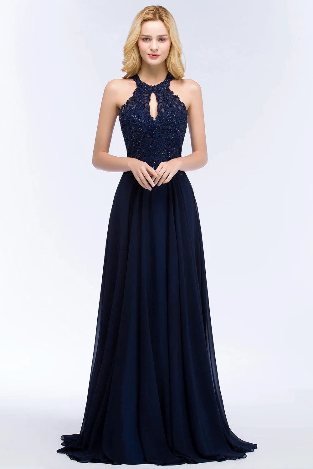Vestido de Madrinha com Gola Halter Renda Pérolas Corpete Saia Longa até o Chão Chiffon Sexy Costas Abertas Roupa de Casamento