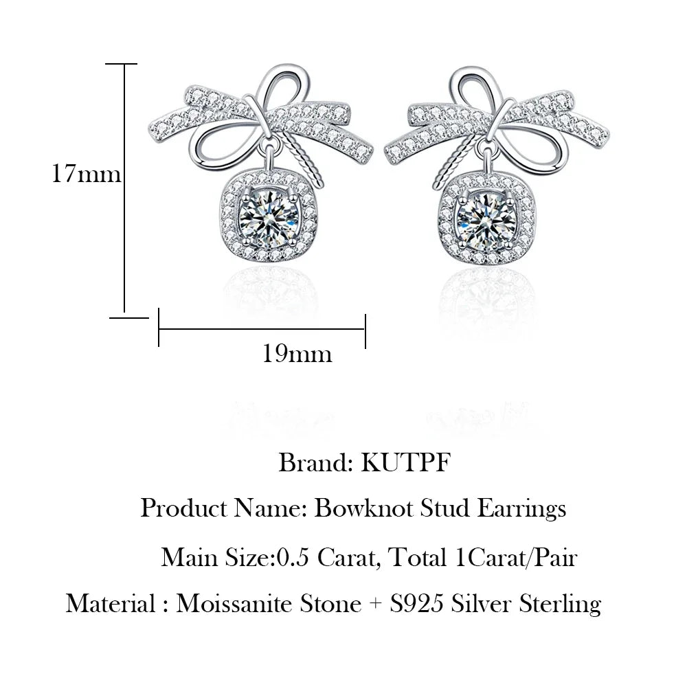 Ribbon Bowknot Tie Moissanite Stud Earrings 925 Sterling Silver 1CT Square Lab Diamond Fine Jewelry For Women Girl Birthday Gift