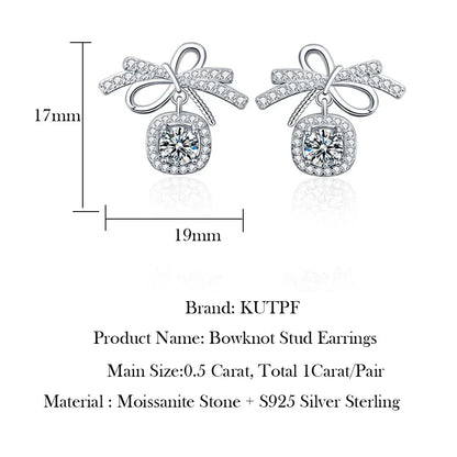 Ribbon Bowknot Tie Moissanite Stud Earrings 925 Sterling Silver 1CT Square Lab Diamond Fine Jewelry For Women Girl Birthday Gift