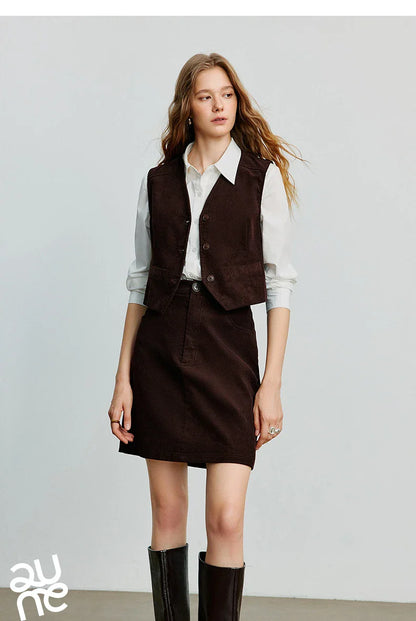 Women Midi Skirt 2025 Autumn New Retro Corduroy Elastic Waist Pure Cotton A Line Mini Skirt