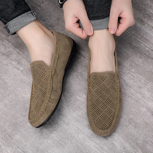 Summer Suede Men Casual Shoes Outdoor Breathable Lightweight Leather Mens Walking Shoes Anti Slip Lightweight Driving Shoes