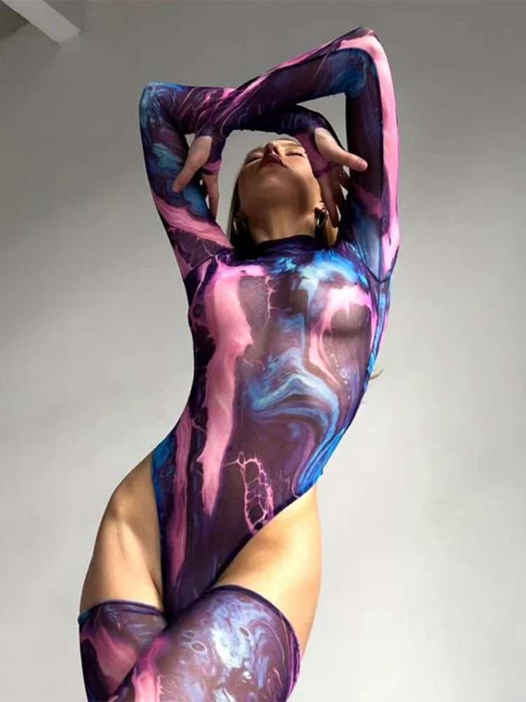 Tie Dye Sexy Bodysuit Lingerie Long Sleeve Corset Top Women One-Pieces Rave Outfit Bodycon Lenceria Femenina See Through Bustier