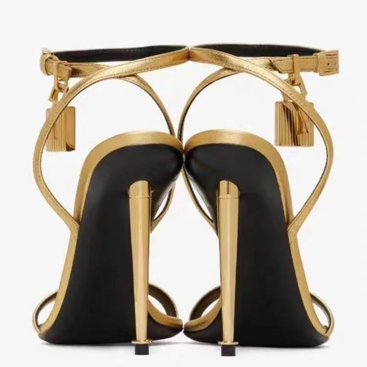 Summer New Concise 10cm High Heel Padlock Decorative Sandals European and American Fashionable Black Gold Women's Shoes 36-45