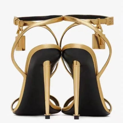 Summer New Concise 10cm High Heel Padlock Decorative Sandals European and American Fashionable Black Gold Women's Shoes 36-45