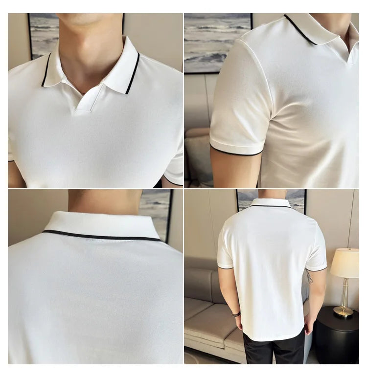 Business Casual Solid Color Men's Polo Shirt, 2024 Summer Classic, Men Short Sleeve V-neck T-shirt, Slim Fit Spliced Polo 4XL-M
