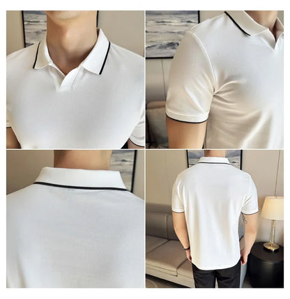 Business Casual Solid Color Men's Polo Shirt, 2024 Summer Classic, Men Short Sleeve V-neck T-shirt, Slim Fit Spliced Polo 4XL-M