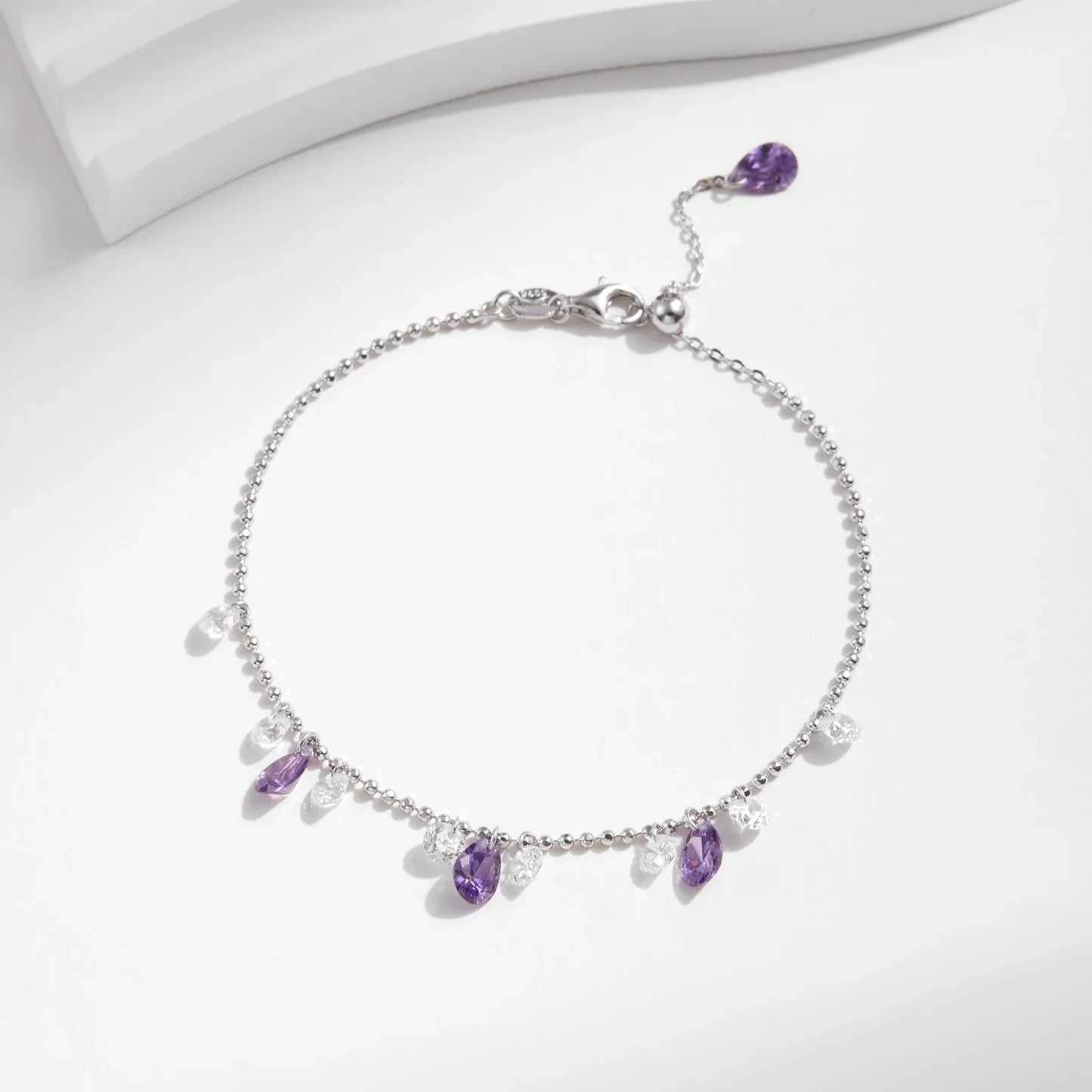 Beads Link Chain Bracelet 925 Sterling Silver Purple Zirconia Water Drop Charm Stackable Bracelet For Women Jewelry Gift