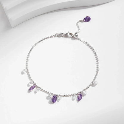 Beads Link Chain Bracelet 925 Sterling Silver Purple Zirconia Water Drop Charm Stackable Bracelet For Women Jewelry Gift
