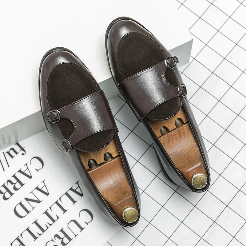 Men leather formal monk strap shoes slip on double buckle loafers large size 48