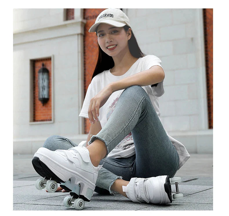 Children Wheels Shoes Roller Sneakers With 4 Wheels Skates Adult Runaway Parkour Deformation Shoes For Women Men Youth Kids Gift