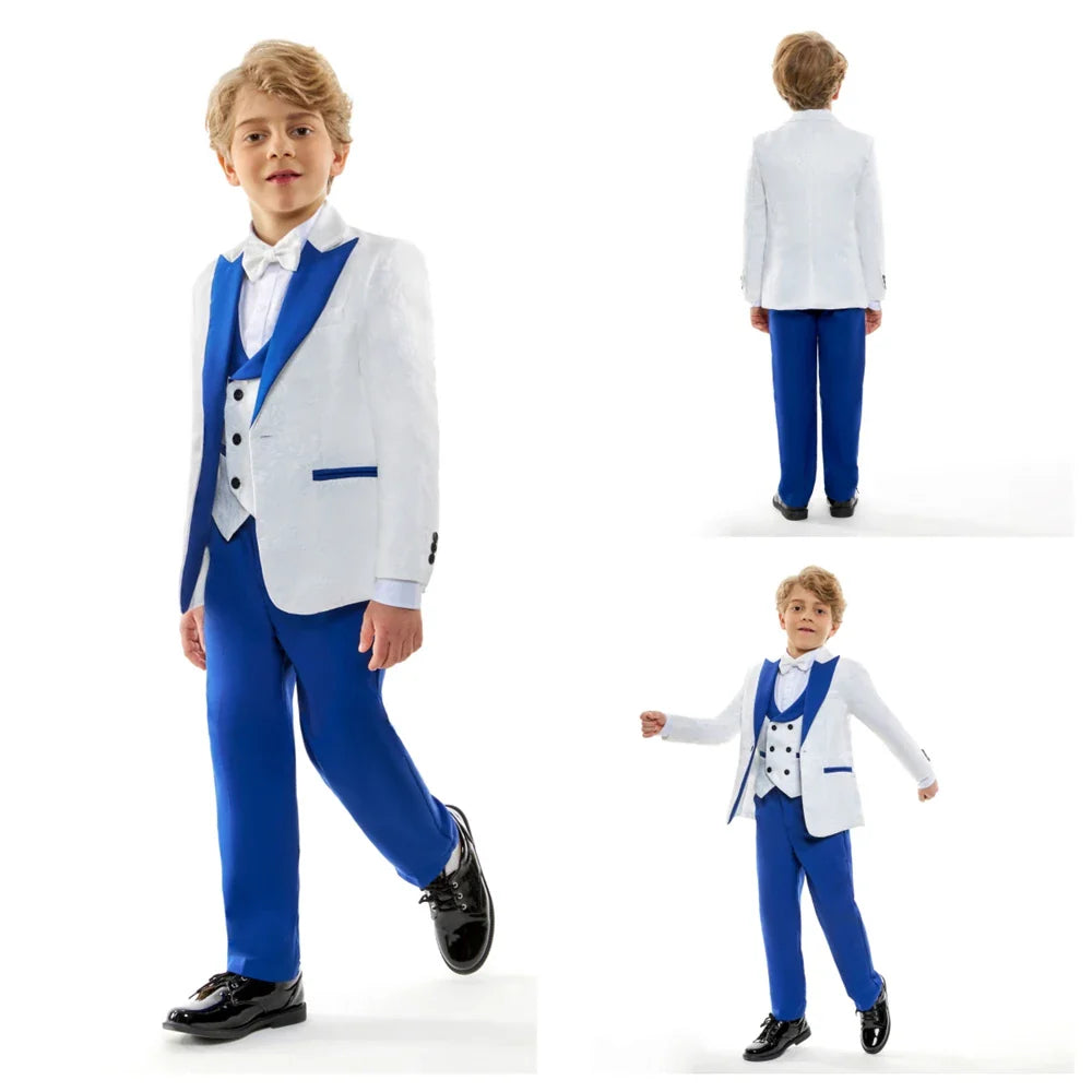 2026 Boys' White Tuxedo 3 Piece Blue Shawl Collar White Bow tie Vest & Slim Fit Formal Flower Boy Suits for Birthday