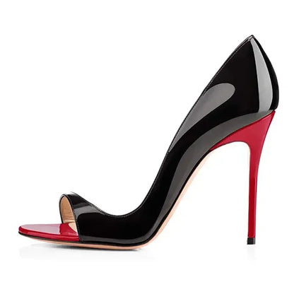 New black patent leather and red lining 12cm sexy fish mouth shoes, shallow mouth super high heels, plus size shoes 33-46
